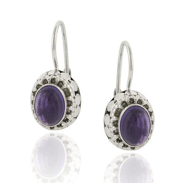 Sterling Silver Gemstone Accented Leverback Oval Earrings - Amethyst