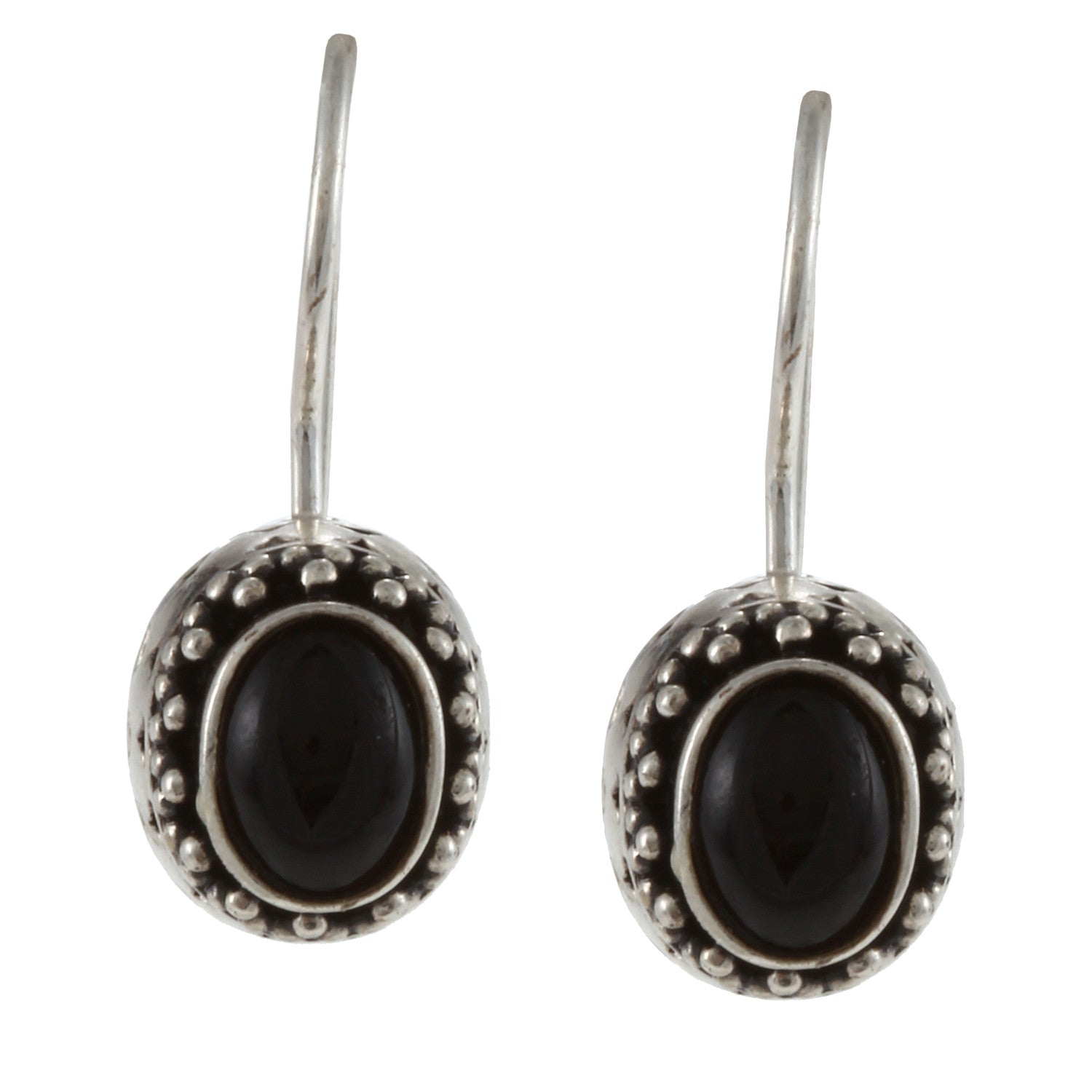 Sterling Silver Gemstone Accented Leverback Oval Earrings - Onyx