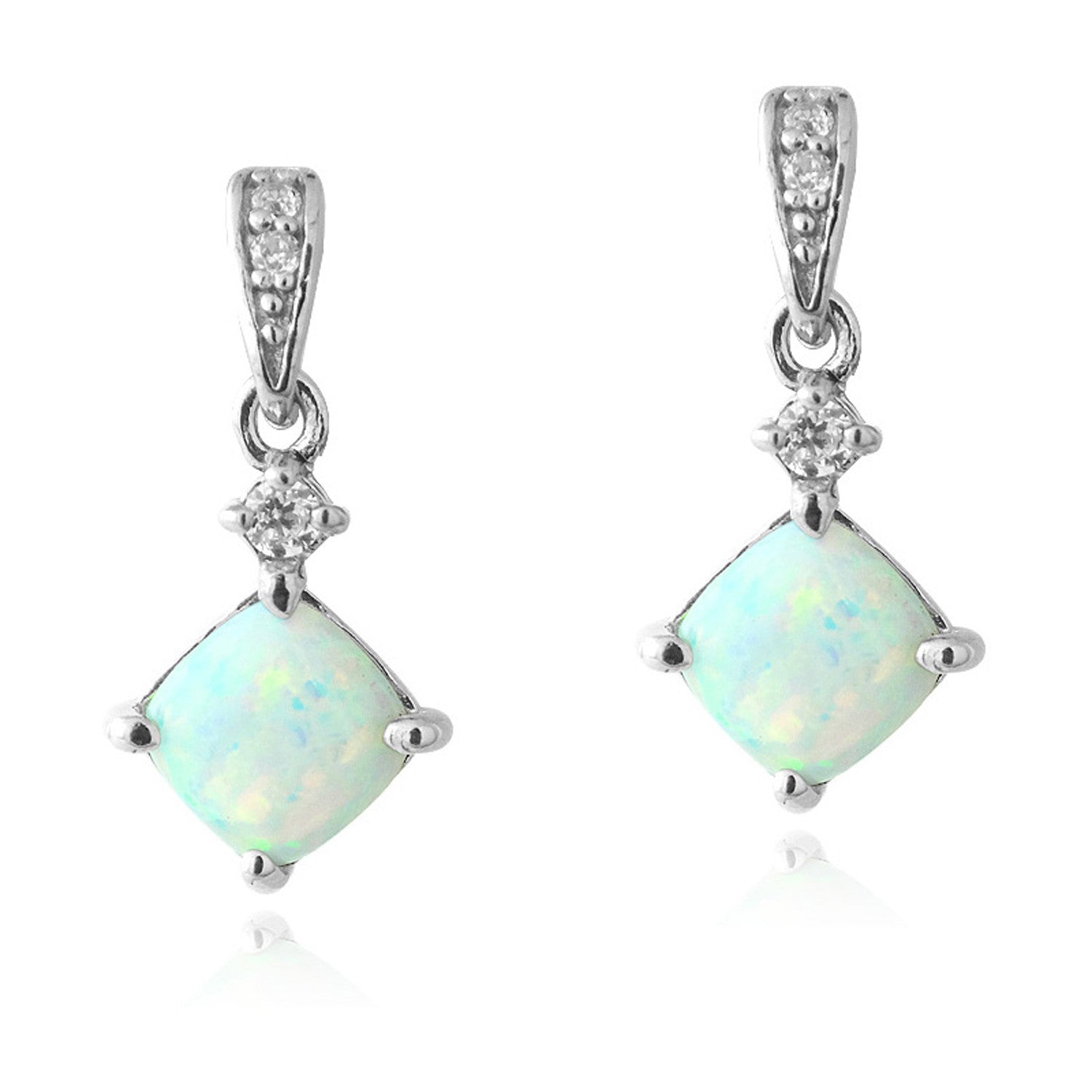 Gemstone & Cubic Zirconia Sterling Silver Diamond Shaped Dangle Earrings - Opal