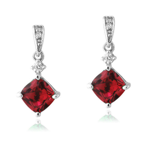 Gemstone & Cubic Zirconia Sterling Silver Diamond Shaped Dangle Earrings - Ruby