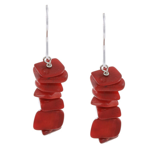 Gemstone Chip Sterling Silver Hook Dangle Earrings - Coral