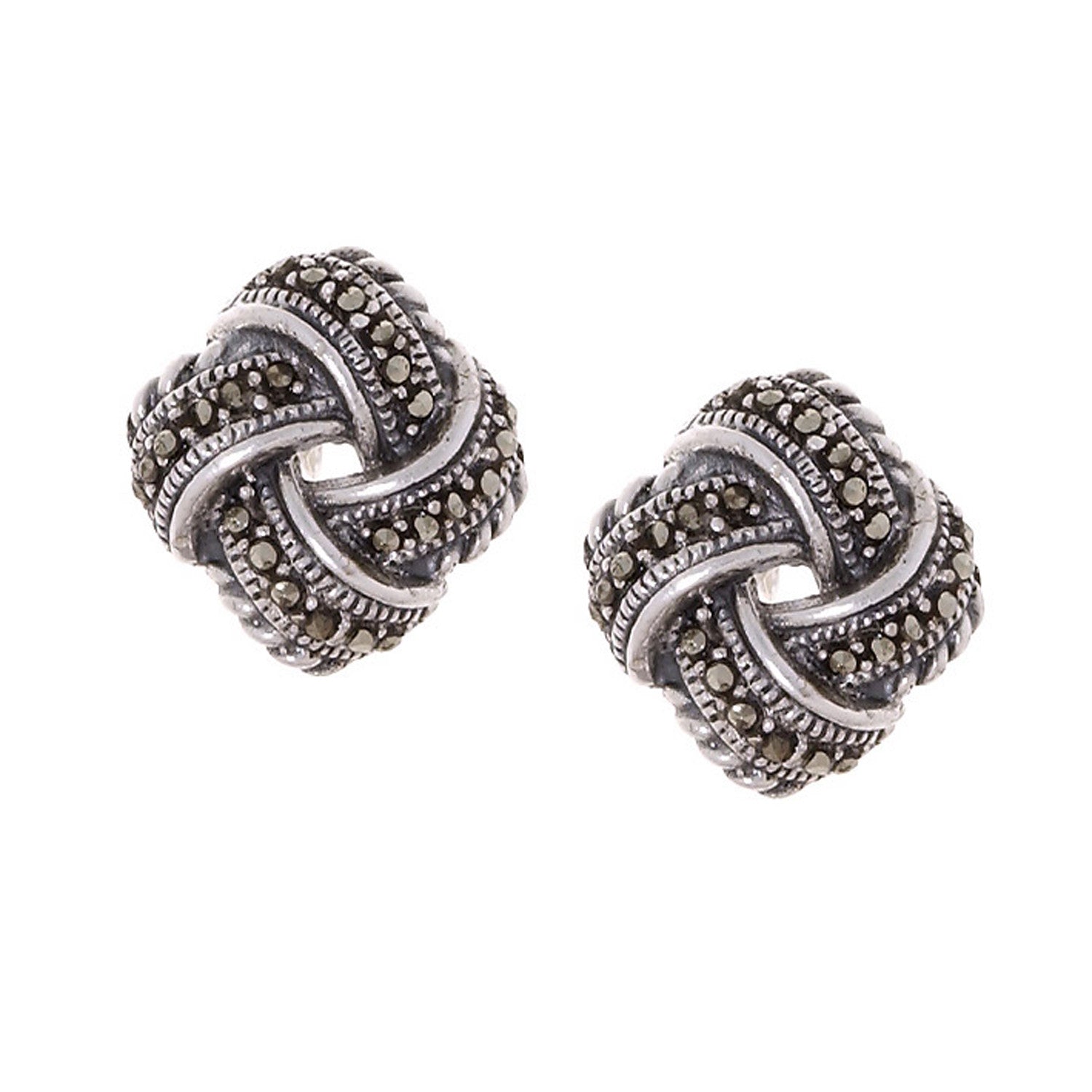 Marcasite Accented Sterling Silver Butterfly Clasp Love Knot Stud Earrings