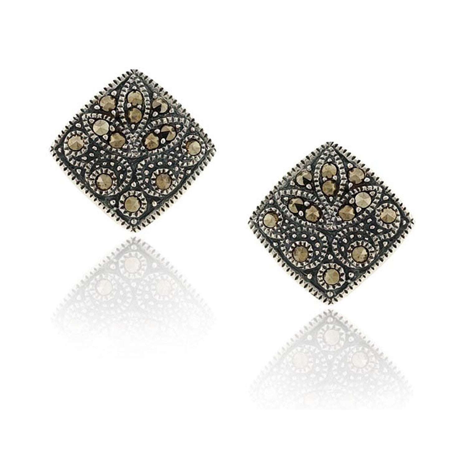 Marcasite Accented Sterling Silver Butterfly Clasp Square Stud Earrings