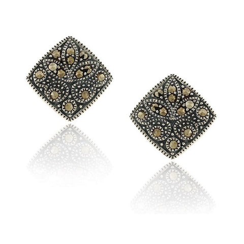 Marcasite Accented Sterling Silver Butterfly Clasp Square Stud Earrings