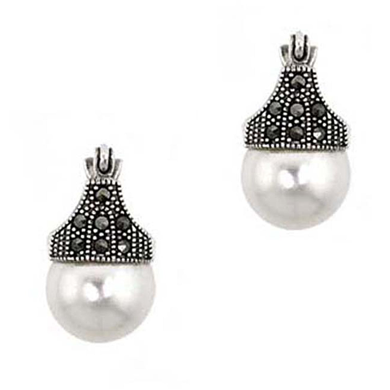 Marcasite & Faux Pearl Sterling Silver Art Deco Saddleback Earrings