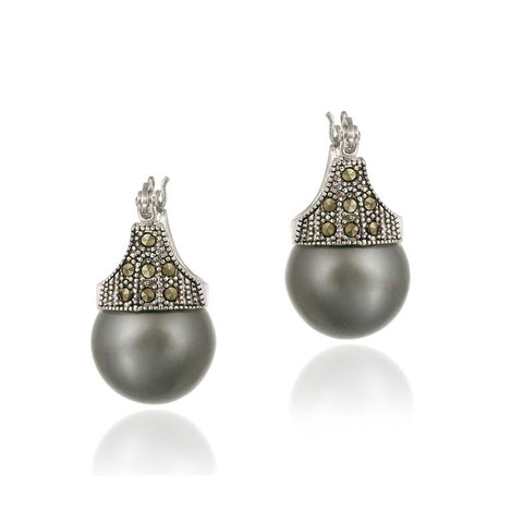 Marcasite & Grey Faux Pearl Sterling Silver Saddleback Earrings