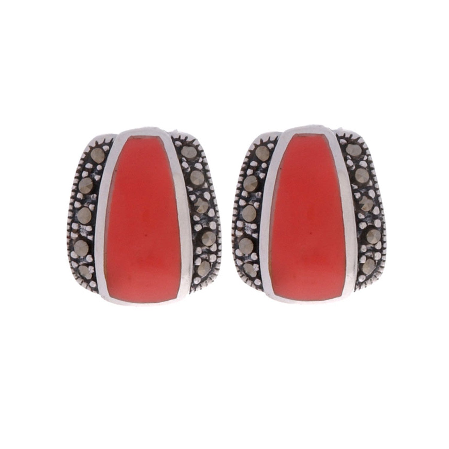 Marcasite & Synthetic Coral Sterling Silver Earrings