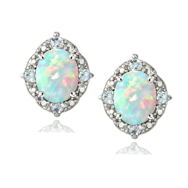 Opal & Blue Topaz Diamond Accented Sterling Silver Stud Oval Earrings