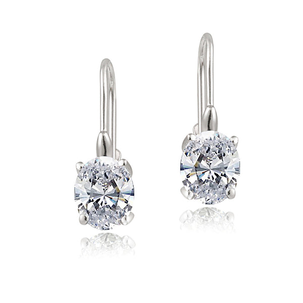 Sterling Silver Oval Cut Birthstone Leverback Dangle Earrings - April Cubic Zircona