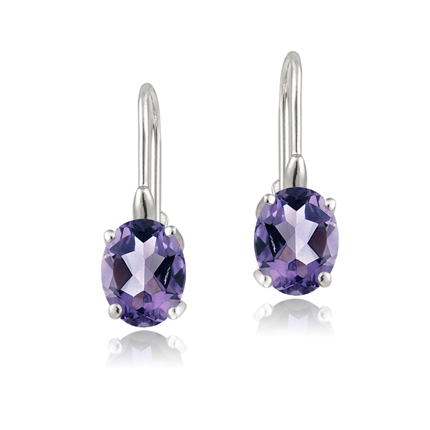 Sterling Silver Oval Cut Birthstone Leverback Dangle Earrings - February Amethyst