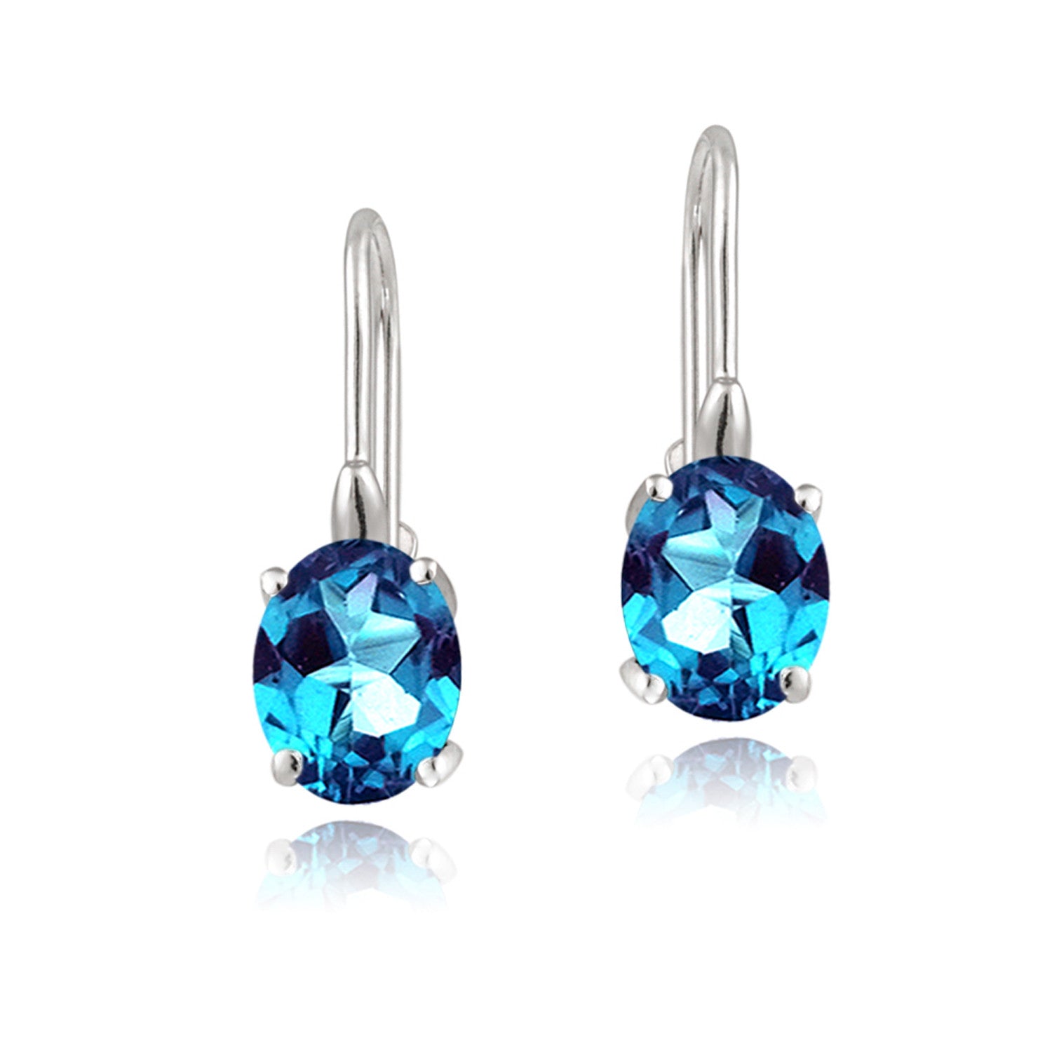 Sterling Silver Oval Cut Birthstone Leverback Dangle Earrings - March Aquamarine