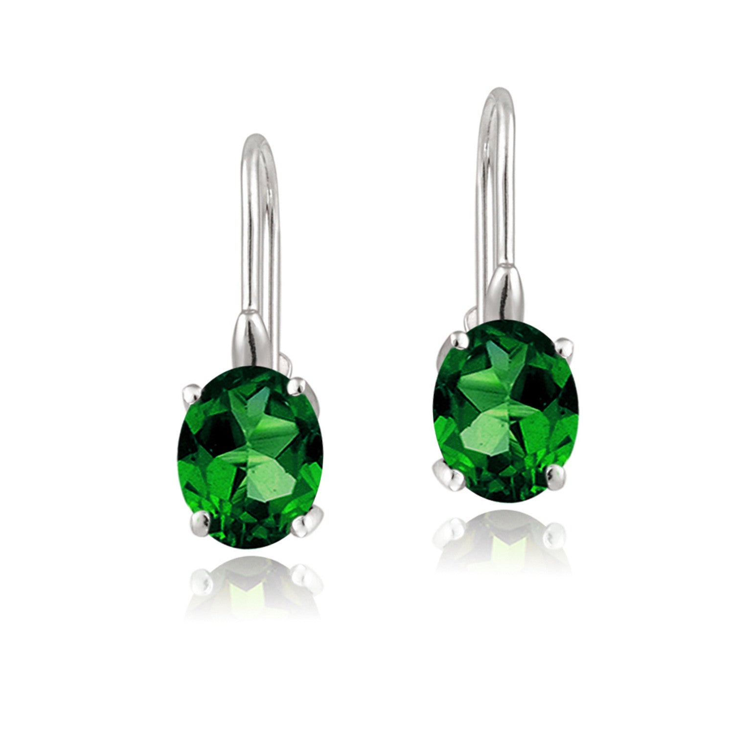 Sterling Silver Oval Cut Birthstone Leverback Dangle Earrings - May Created Emerald
