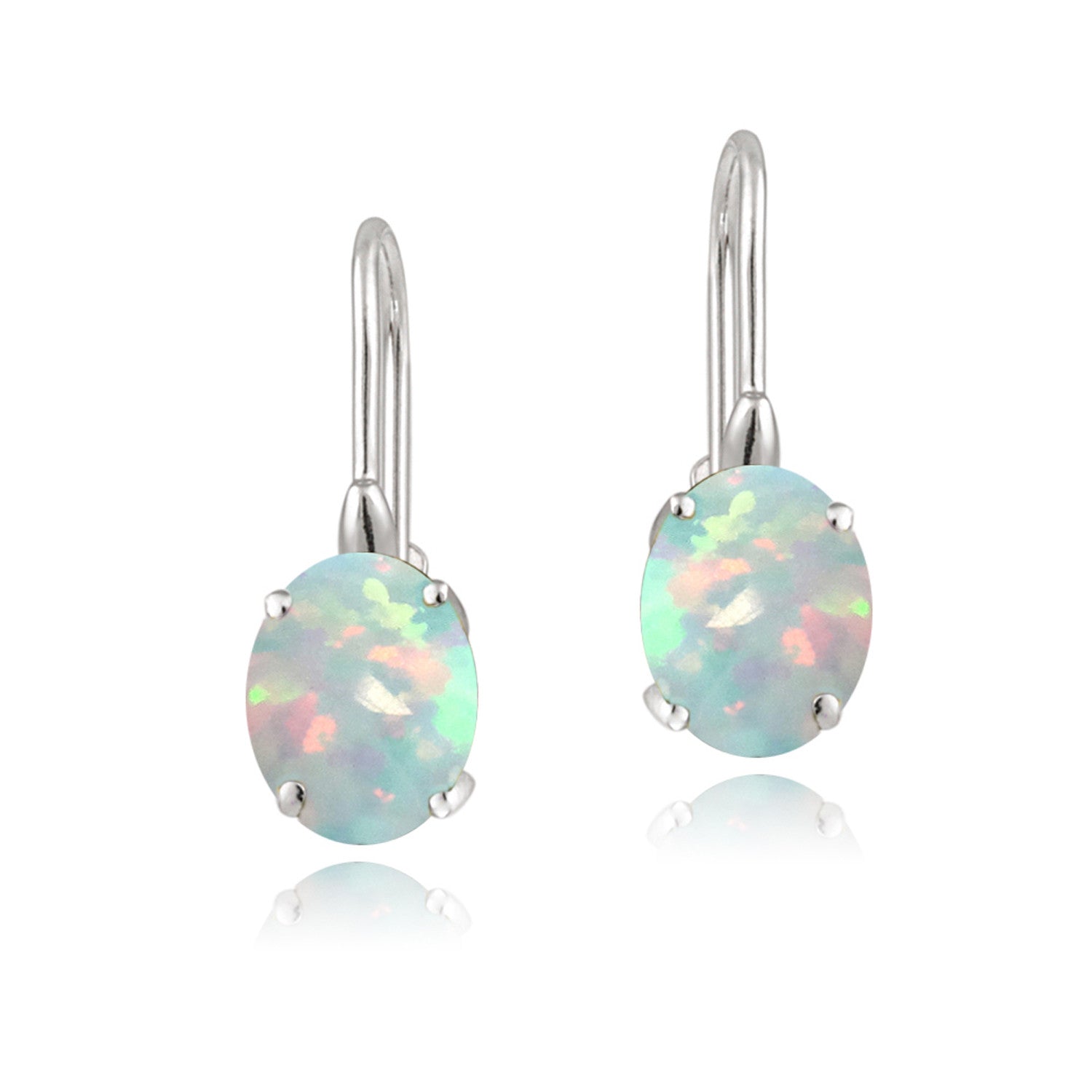 Sterling Silver Oval Cut Birthstone Leverback Dangle Earrings - October Created Opal