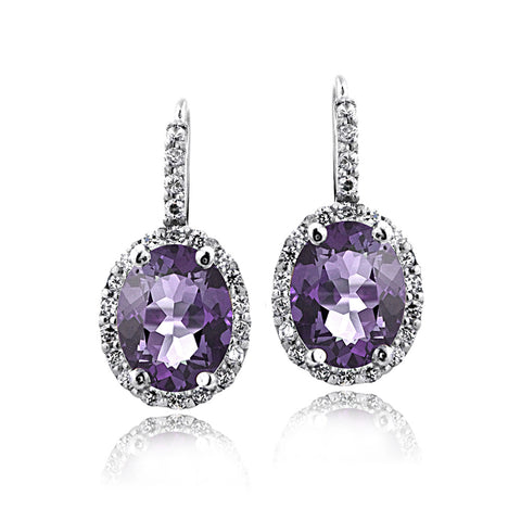 Oval Cut Gemstone Accent Sterling Silver Leverback Birthstone Earrings - February Amethyst