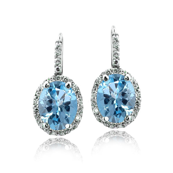 Oval Cut Gemstone Accent Sterling Silver Leverback Birthstone Earrings - March Aqua CZ