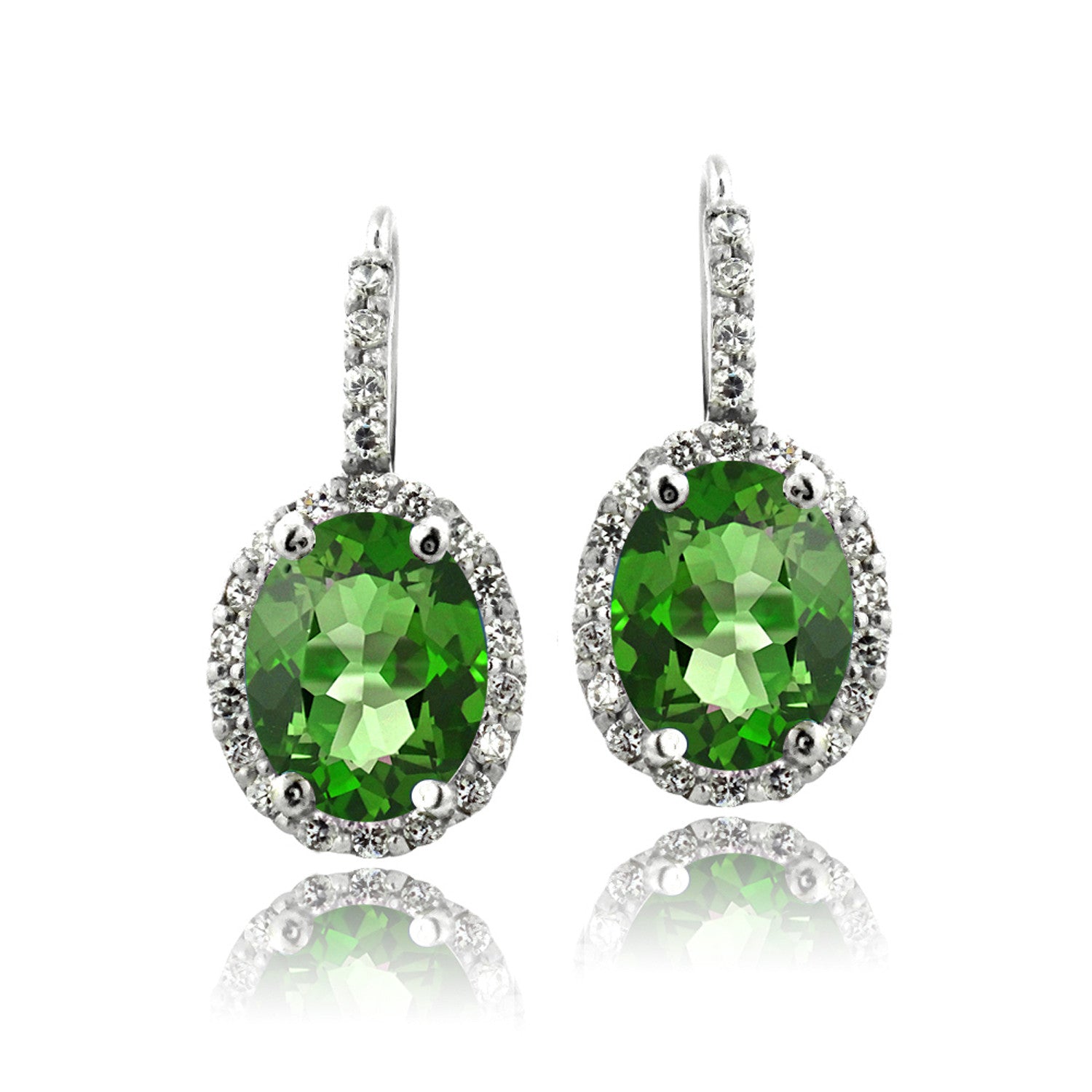 Oval Cut Gemstone Accent Sterling Silver Leverback Birthstone Earrings - May Created Emerald