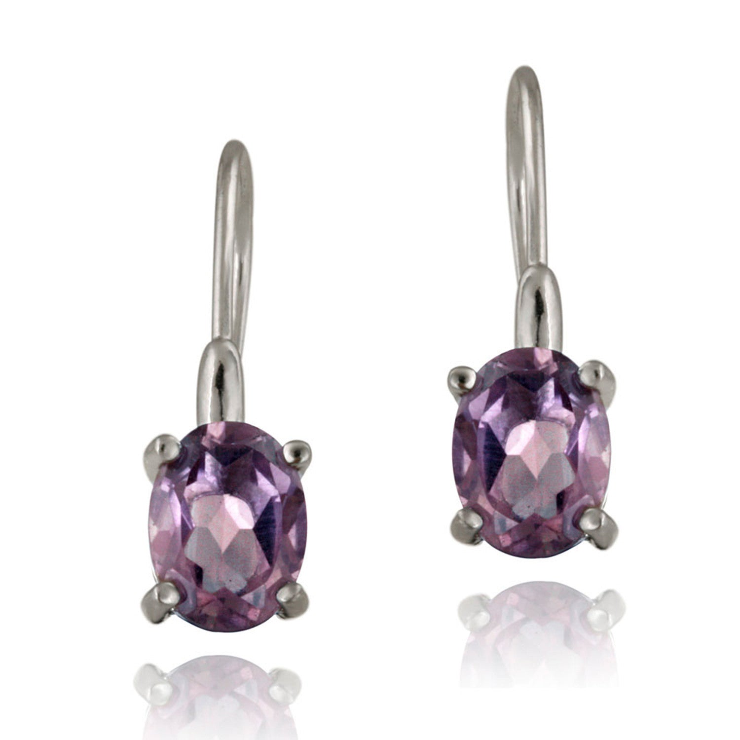 Sterling Silver Oval Gemstone Accent Dangle Earrings - Amethyst