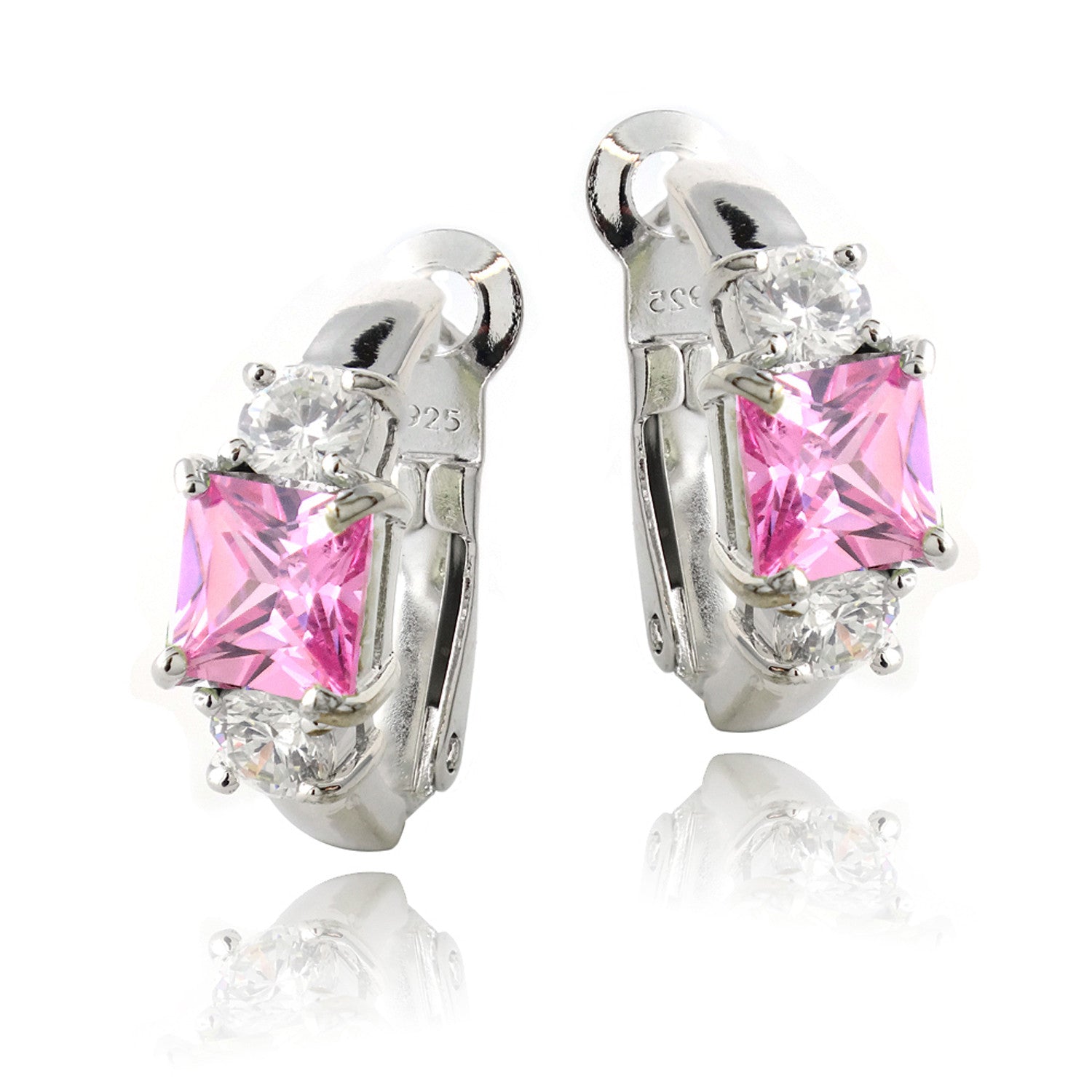 Sterling Silver Round Cut Coloured Cubic Zirconia Earrings - Pink