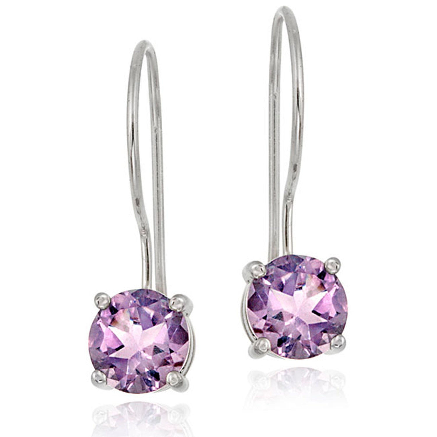 Sterling Silver Round Cut Gemstone Stone Euro Wire Dangle Earrings - Amethyst