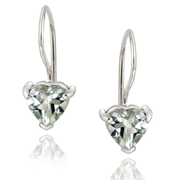 Sterling Silver Heart Shaped Gemstone Accent Dangle Earrings - Green Amethyst