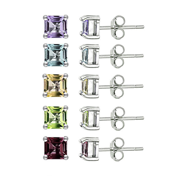 Set of 5 Sterling Silver Multi Gemstone Accent Butterfly Clasp Stud Earrings