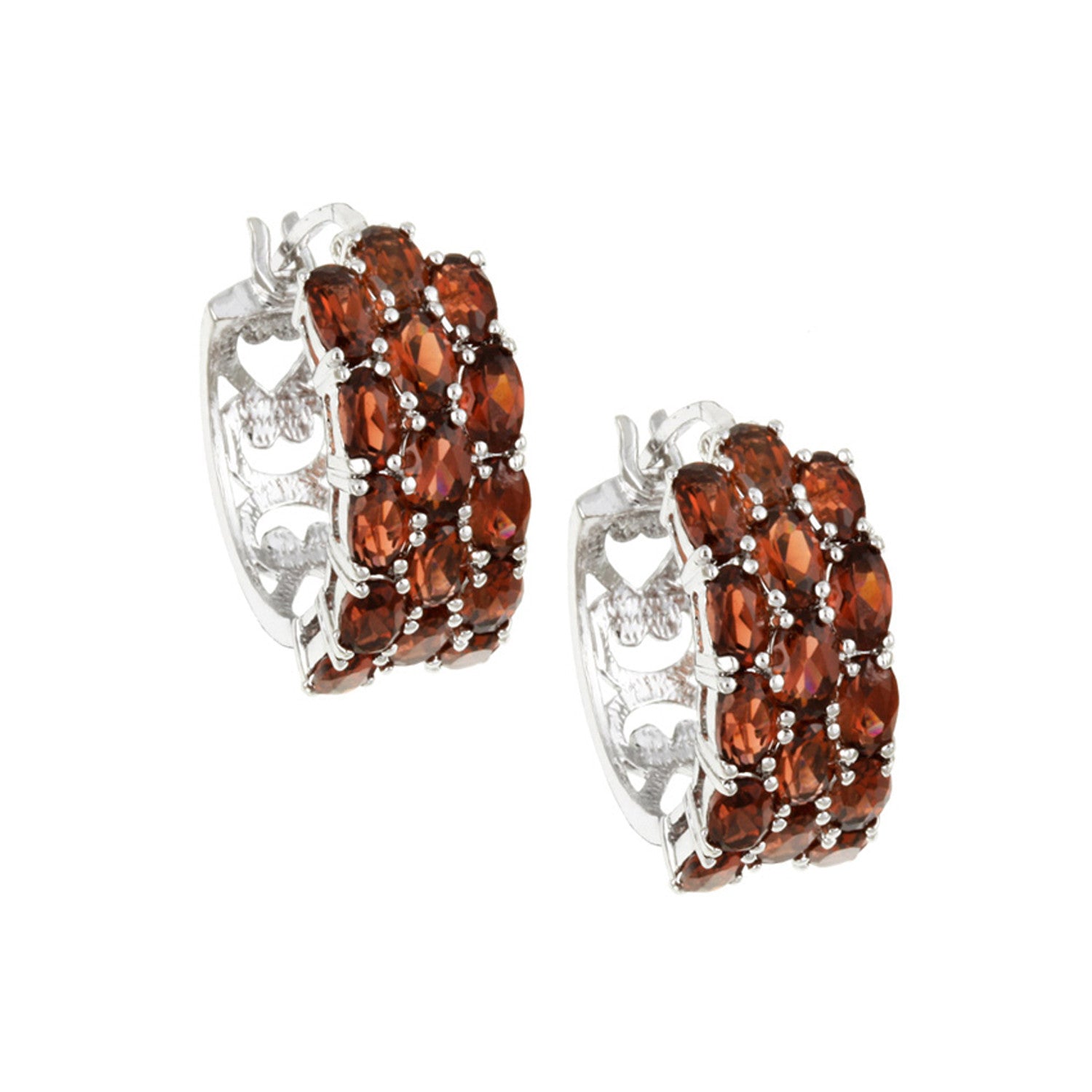 Sterling Silver Three Tier Gemstone Accent Saddleback Hoop Earrings - Garnet