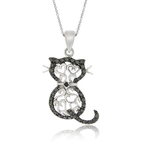 Black Diamond Accented Silver Filigree Cat Pendant