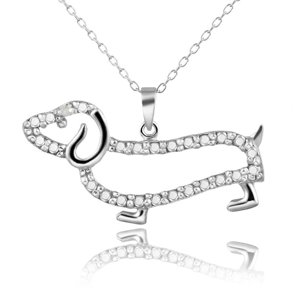 Diamond Accented Sterling Silver Dachshund Dog Pendant - Sterling Silver