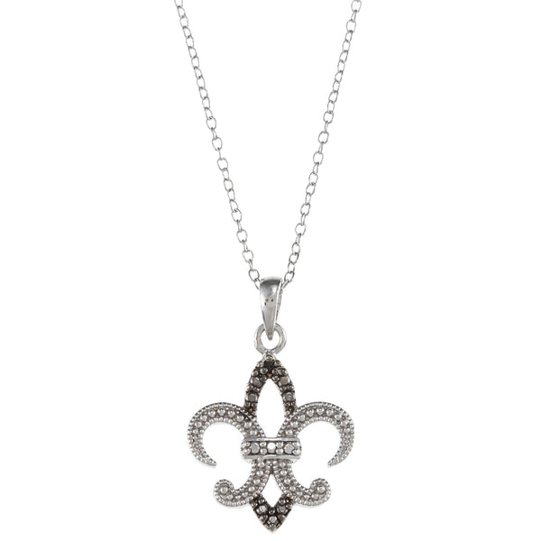 Black Diamond Accented Sterling Silver Fleur de Lis Pendant