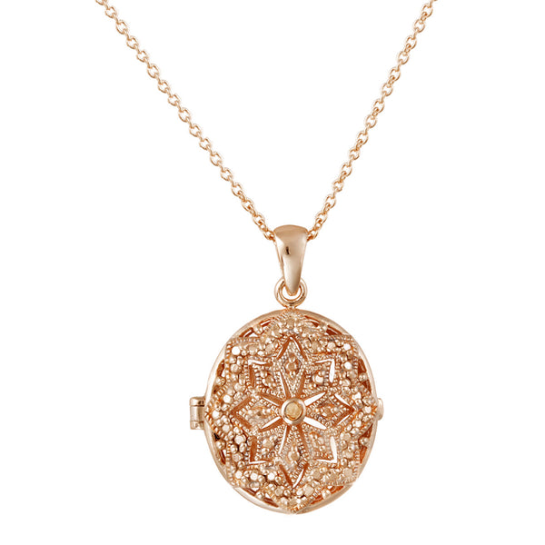 Oval Locket Necklace With Diamond Accents - Rose