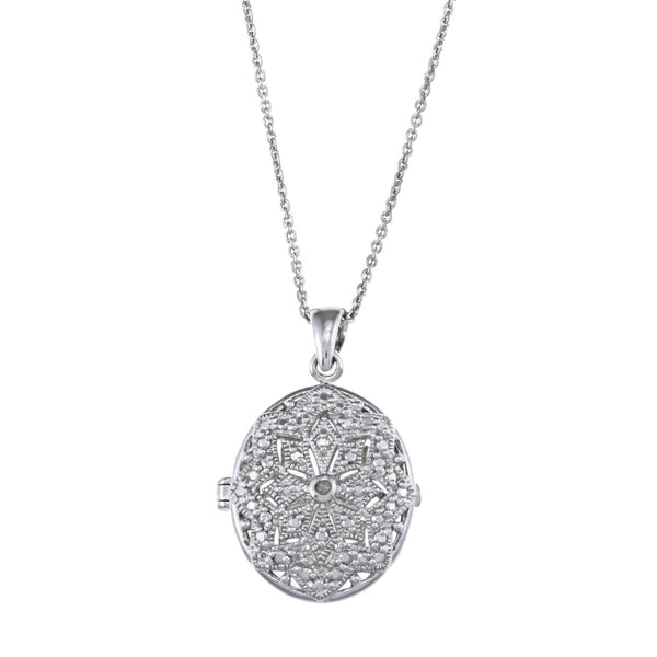 Oval Locket Necklace With Diamond Accents - White