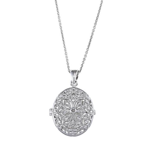 Oval Locket Necklace With Diamond Accents - White