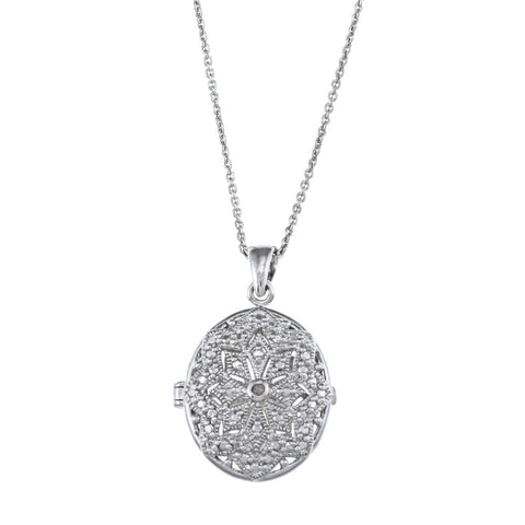 Oval Locket Necklace With Diamond Accents - White