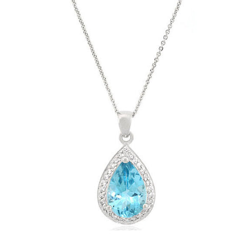 Teardrop Necklace With Cubic Zirconia & Gemstone Accents - Silver / Blue Topaz