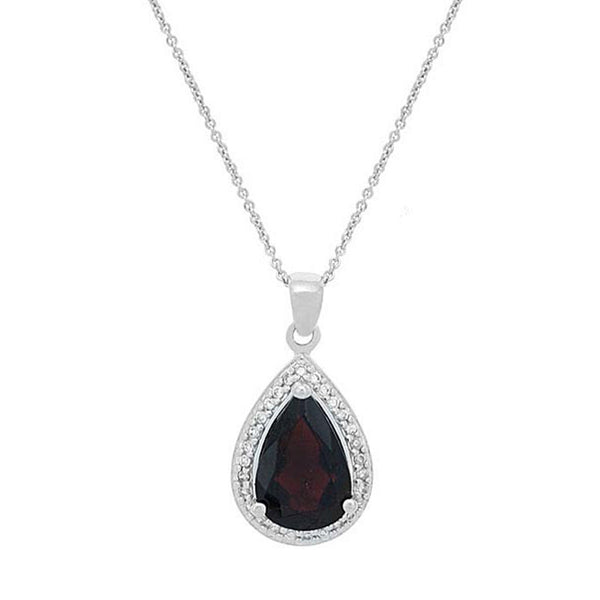 Teardrop Necklace With Cubic Zirconia & Gemstone Accents - Silver / Garnet