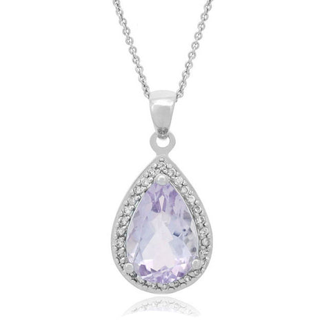 Teardrop Necklace With Cubic Zirconia & Gemstone Accents - Silver / Rose De France
