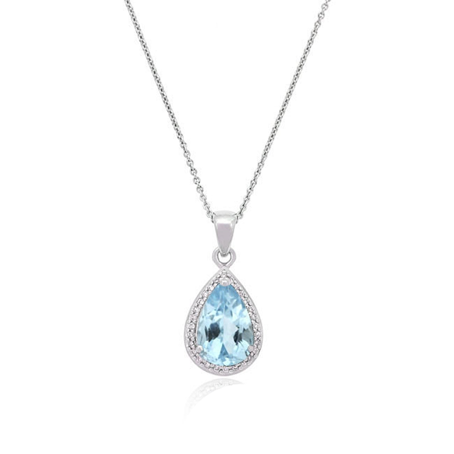 Gemstone Cubic Zirconia Accented Teardrop Necklace Silver Blue Topaz