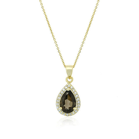 Gemstone & Cubic Zirconia Accented Teardrop Necklace - 18k Gold / Smokey Quartz