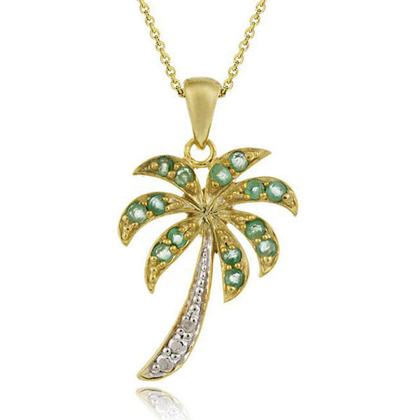 18K Gold Over Silver Emerald Palm Tree Necklace With Diamond Accents