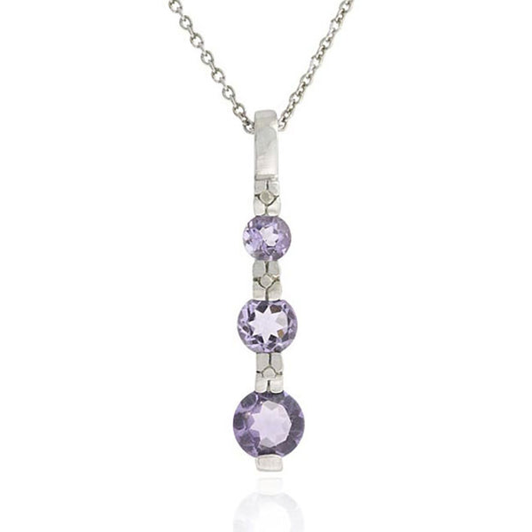 3 Stone Amethyst Diamond Sterling Silver Pendant