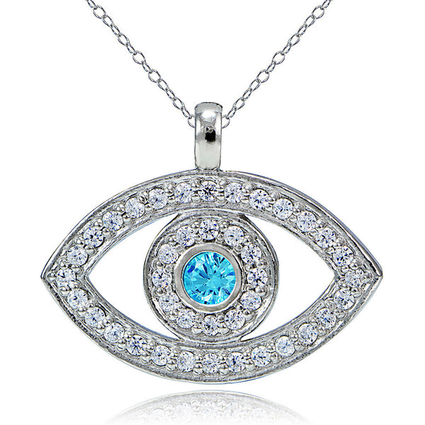 Evil Eye Aquamarine Cubic Zirconia Sterling Silver Necklace