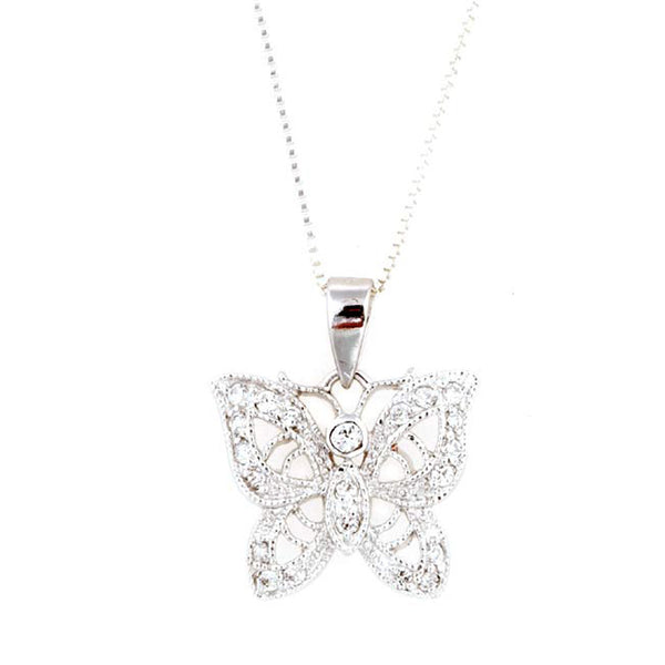 Sterling Silver Filigree Butterfly Pendant With Cubic Zirconia Accents