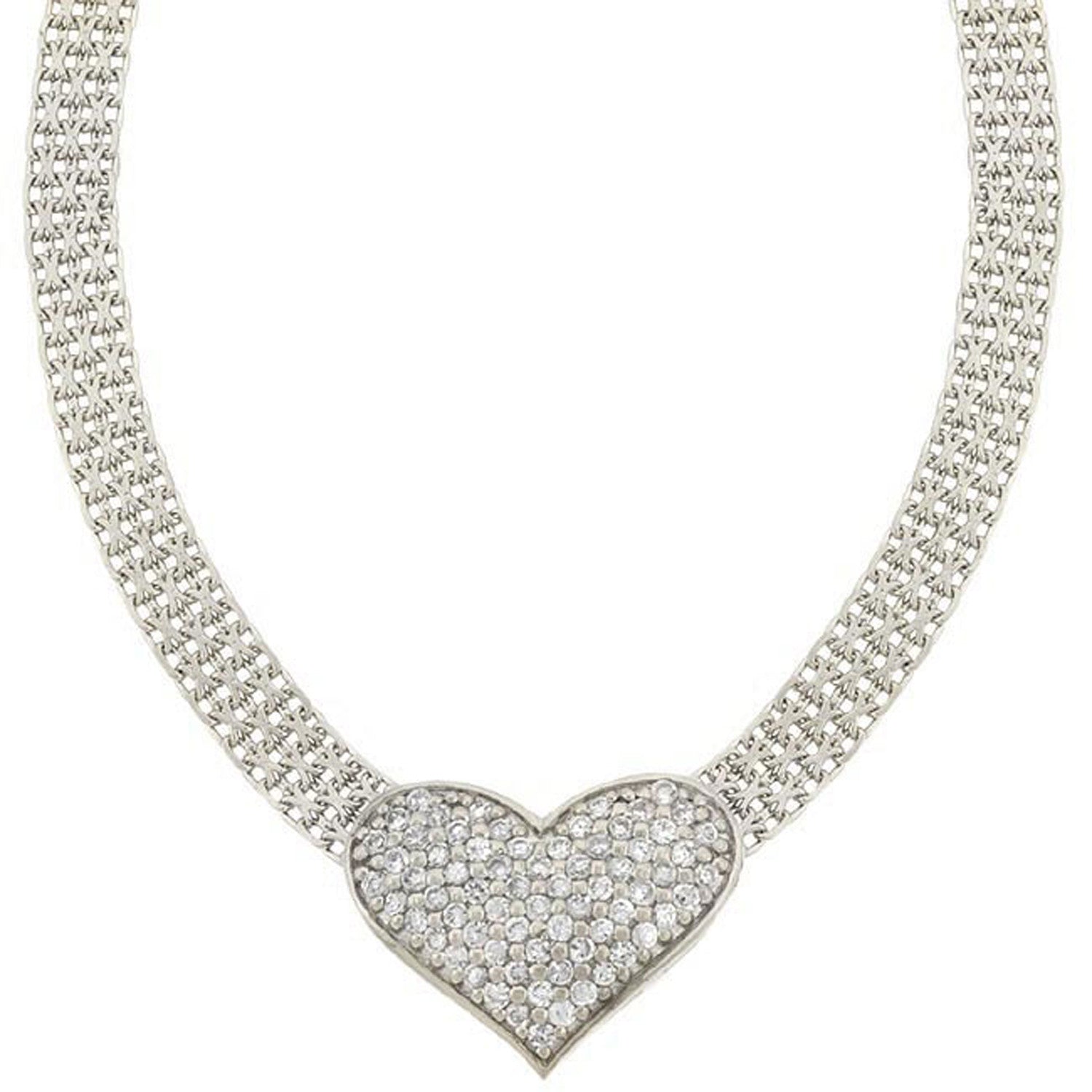 Heart Mesh Sterling Silver Necklace With Cubic Zirconia Accents
