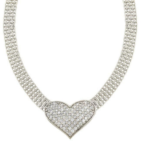 Heart Mesh Sterling Silver Necklace With Cubic Zirconia Accents