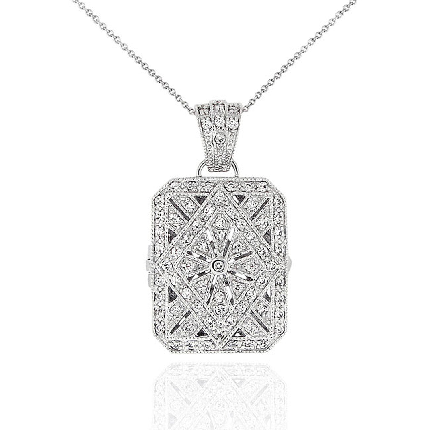 Sterling Silver Rectanglular Locket Necklace With Cubic Zirconia Accents
