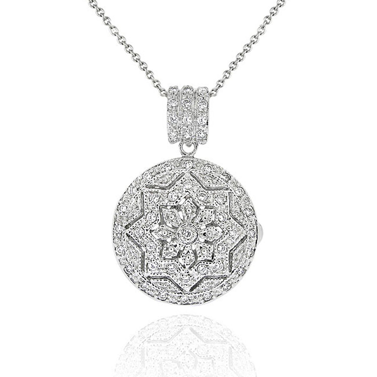 Cubic Zirconia Round Locket Necklace With Intricate Star Detail in Sterling Silver