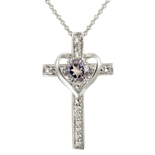 Diamond Accented Sterling Silver Cross Necklace - Amethyst