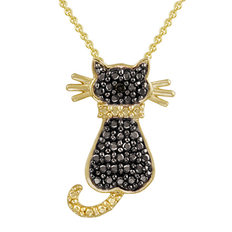 Diamond Accented Sterling Silver Cat Pendant - Gold / Black