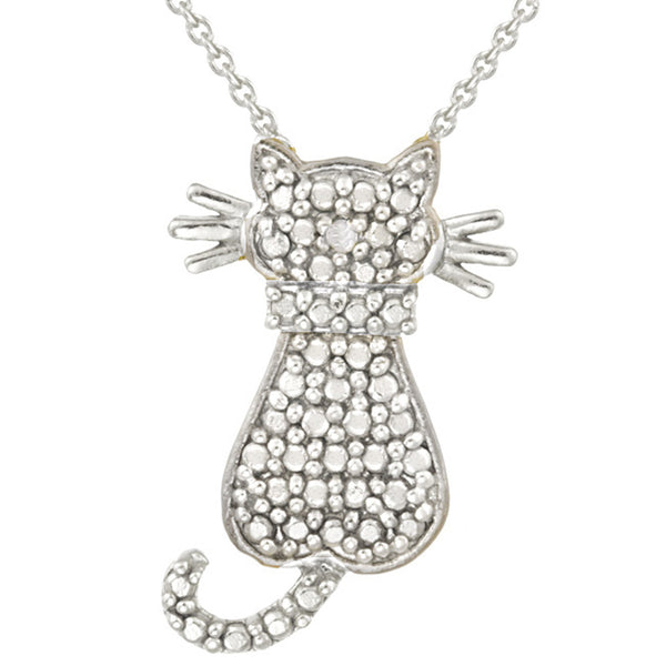 Diamond Accented Sterling Silver Cat Pendant - Sterling Silver