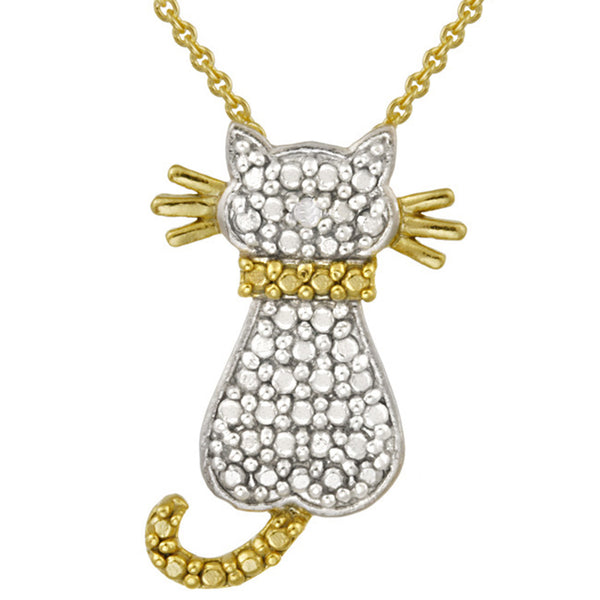 Diamond Accented Sterling Silver Cat Pendant - Two Tone